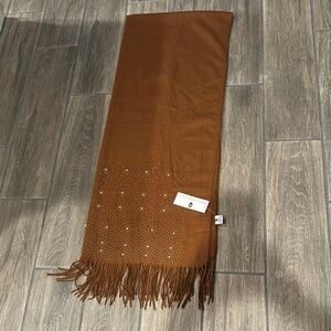 Jessica McClintock Elegant Caramel Scarf with Fringe, pearls and studs.